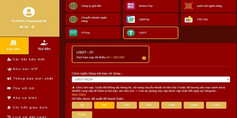 Nạp tiền 98win nhanh sử dụng USDT