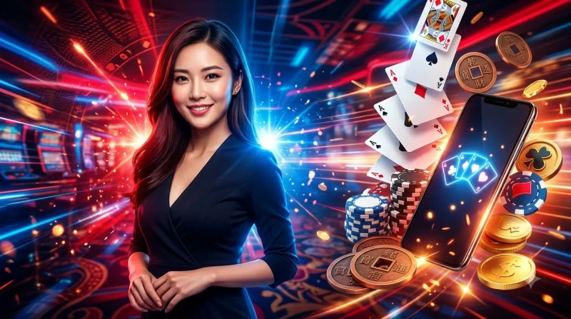 Bàn bài cinematic với các nhóm bài và dòng ánh sáng minh họa quy trình một ván liêng