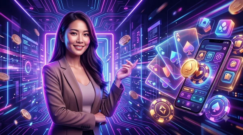 Điện thoại hiển thị bàn chơi phỏm cùng các lá bài phát sáng trên nền neon