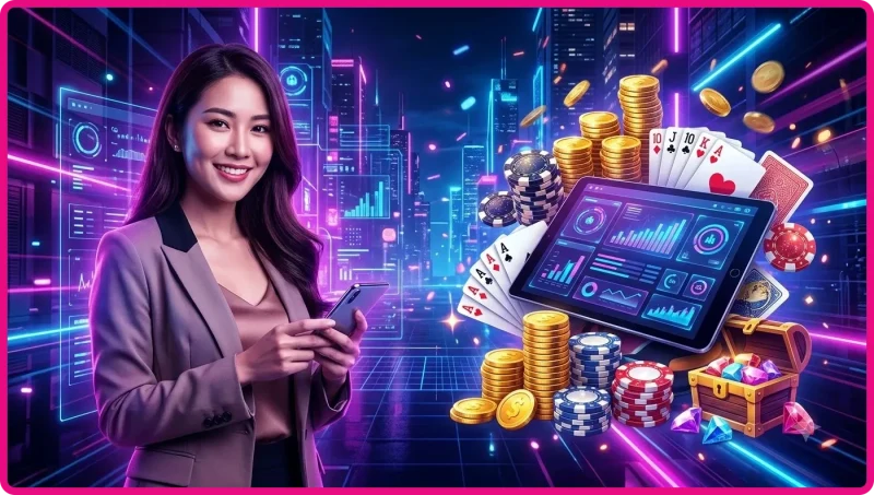 Điện thoại hiển thị bàn chơi phỏm cùng các lá bài phát sáng trên nền neon