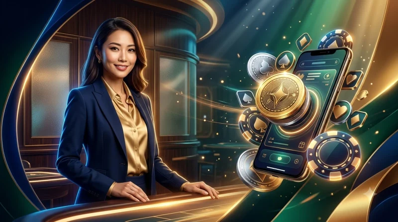 Điện thoại và laptop hiển thị giao diện game bài trừu tượng minh họa chơi đa thiết bị