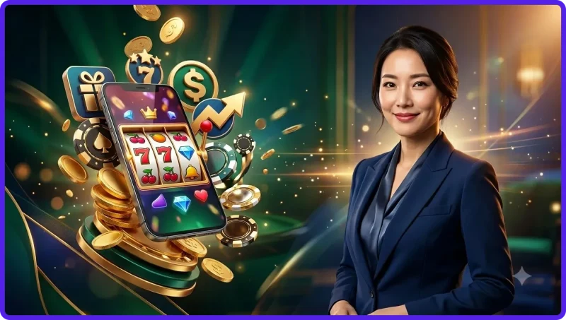 Điện thoại và laptop hiển thị kho slot game đa dạng của Slot 98Win theo phong cách cinematic