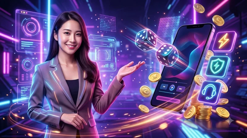 Điện thoại và máy tính bảng hiển thị giao diện game xí ngầu online hiện đại trên nền neon sang trọng
