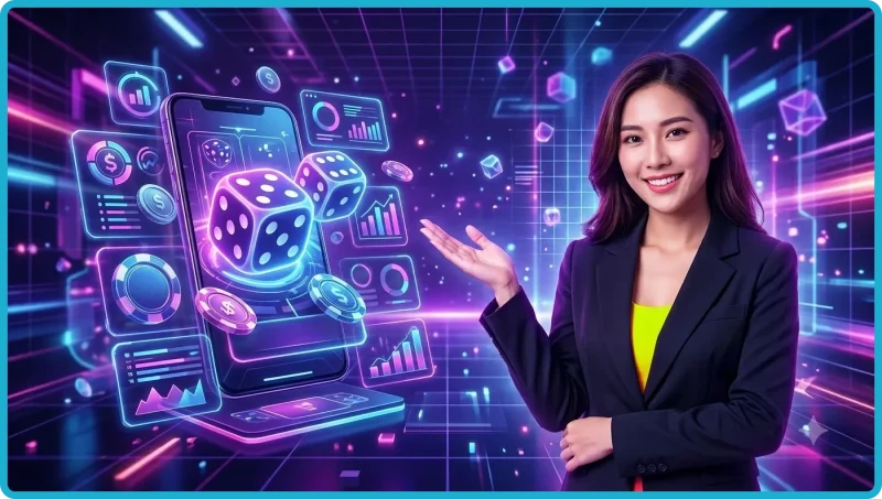 Điện thoại và máy tính bảng hiển thị giao diện game xí ngầu online hiện đại trên nền neon sang trọng