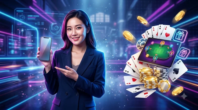 Giao diện game bài trực tuyến rõ ràng dễ làm quen với thẻ UI và lá bài trong tông neon sang trọng