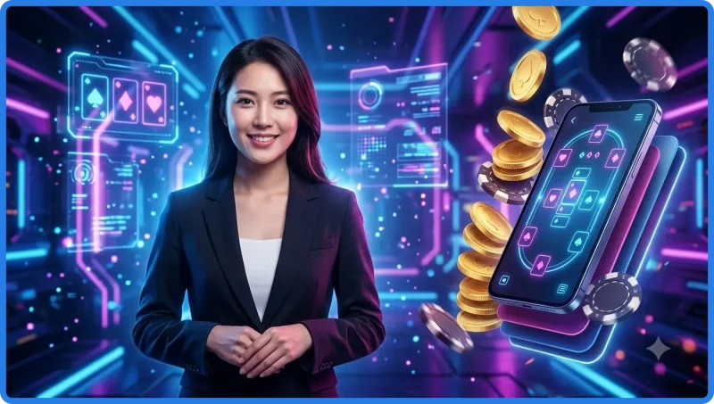 Giao diện game bài trực tuyến rõ ràng dễ làm quen với thẻ UI và lá bài trong tông neon sang trọng